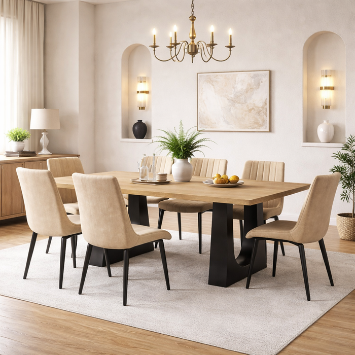 Farmhouse Wood Dining Table with 6 High-Back Upholstered Chairs Oak & Black