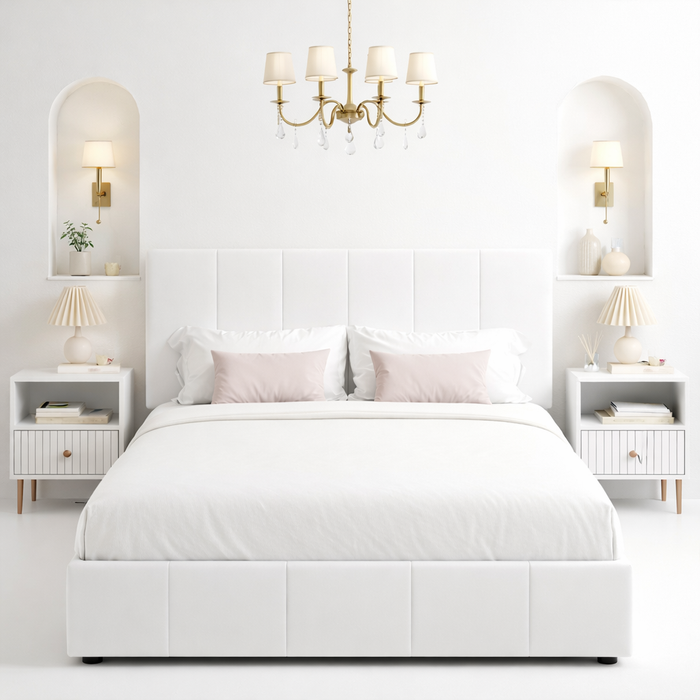 Full Size White Velvet Bed Frame with Adjustable Headboard and 2 White Nightstands