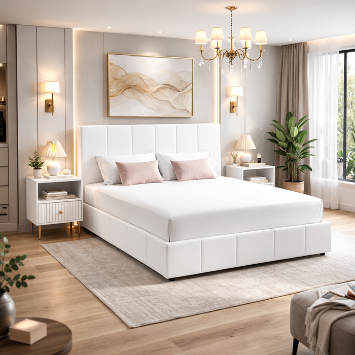 Full Size White Velvet Bed Frame with Adjustable Headboard and 2 White Nightstands