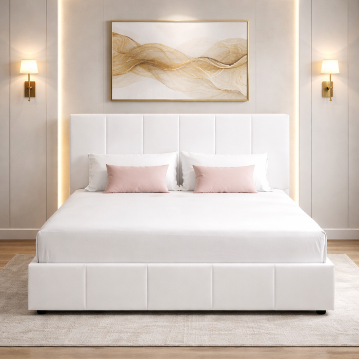 Full Size White Velvet Bed Frame with Adjustable Headboard and 2 White Nightstands