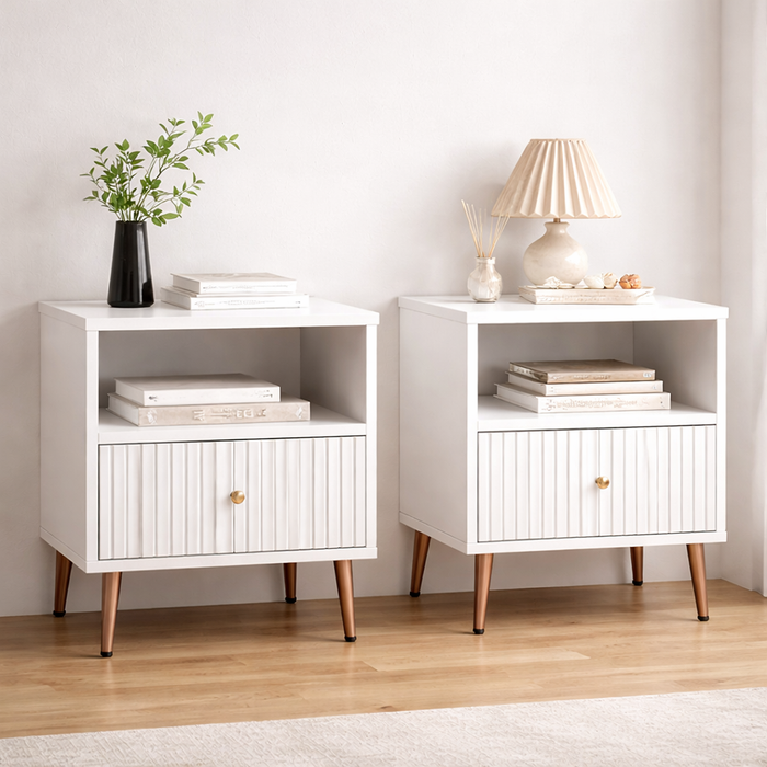 Full Size White Velvet Bed Frame with Adjustable Headboard and 2 White Nightstands