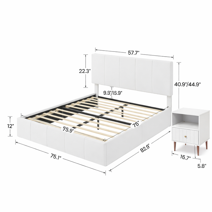Full Size White Velvet Bed Frame with Adjustable Headboard and 2 White Nightstands