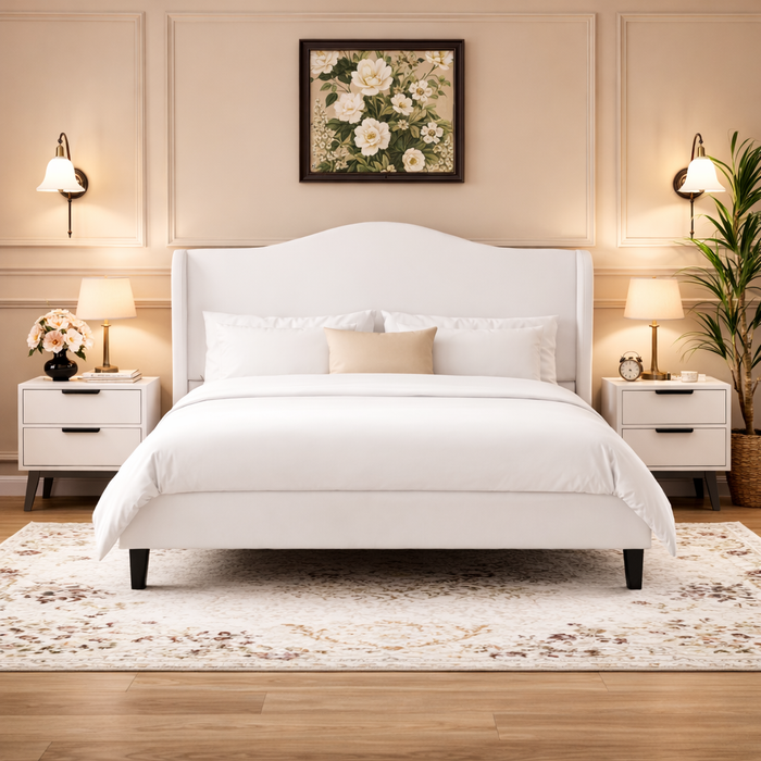 Queen White Velvet Wingback Platform Bed with 2 Charging Nightstands Bedroom Set