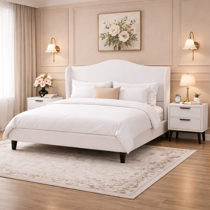 Queen White Velvet Wingback Platform Bed with 2 Charging Nightstands Bedroom Set