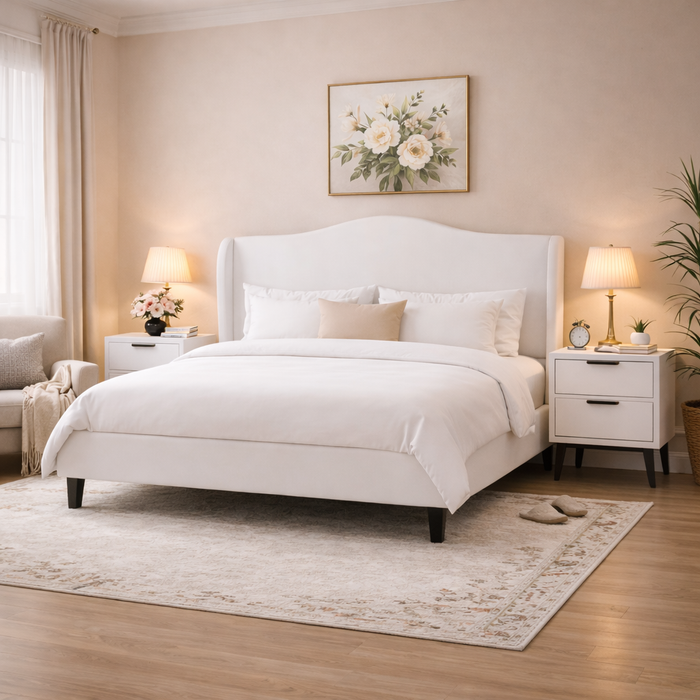 Queen White Velvet Wingback Platform Bed with 2 Charging Nightstands Bedroom Set