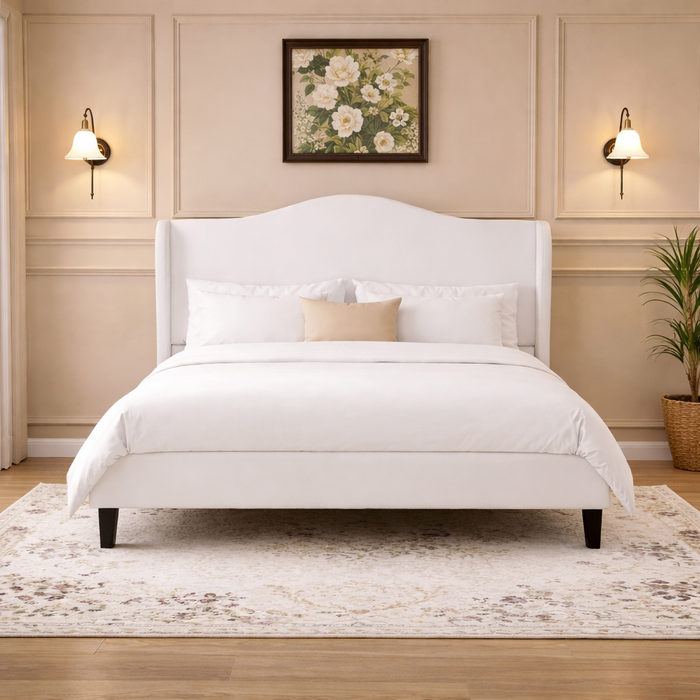 Queen White Velvet Wingback Platform Bed with 2 Charging Nightstands Bedroom Set