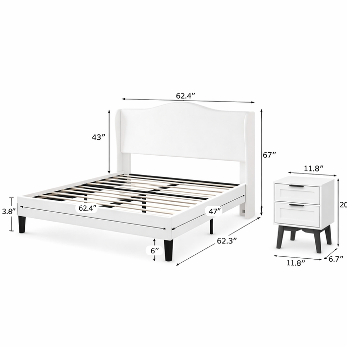 Queen White Velvet Wingback Platform Bed with 2 Charging Nightstands Bedroom Set