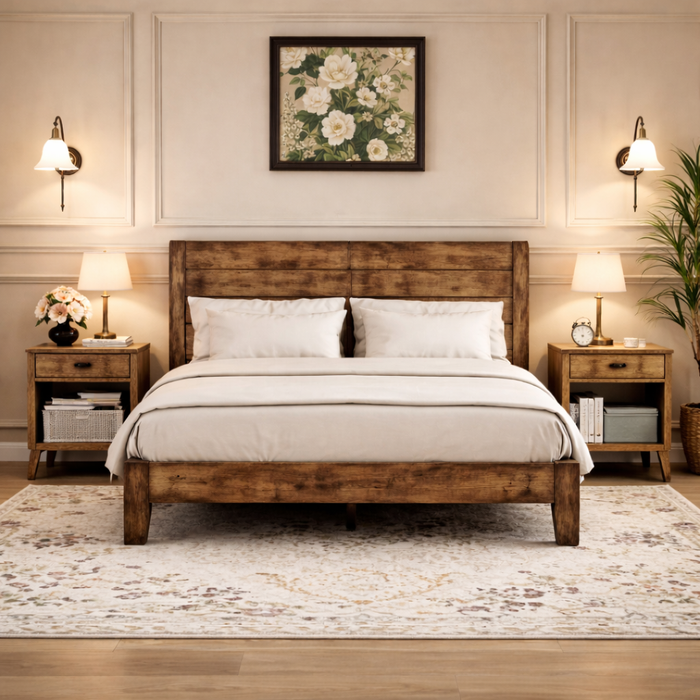 Full Dark Brown Wood Platform Bed Frame with Headboard and 2 Rustic Nightstands