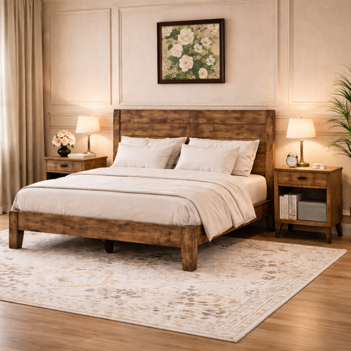 Full Dark Brown Wood Platform Bed Frame with Headboard and 2 Rustic Nightstands