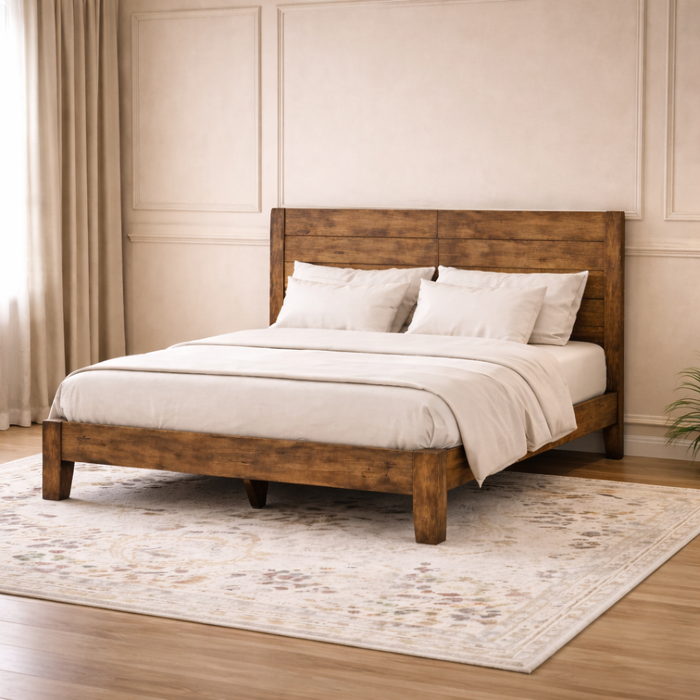 Full Dark Brown Wood Platform Bed Frame with Headboard and 2 Rustic Nightstands