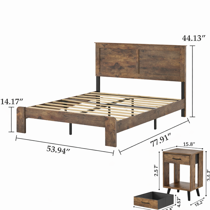 Full Dark Brown Wood Platform Bed Frame with Headboard and 2 Rustic Nightstands