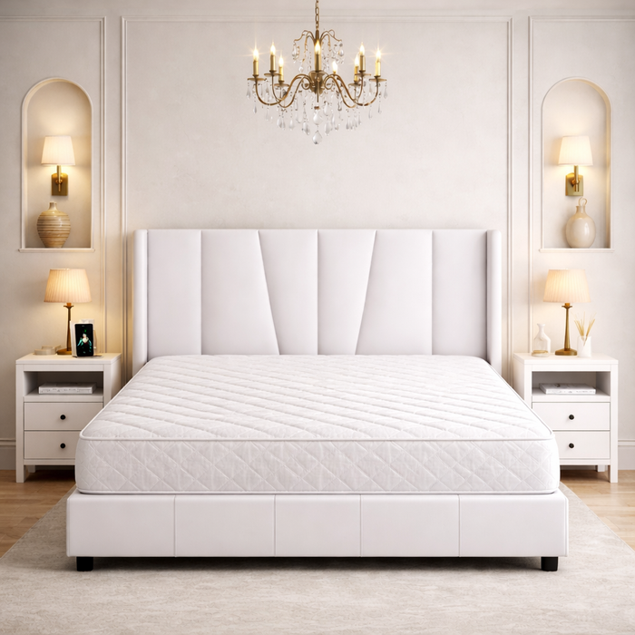White Queen Velvet Platform Bed with Wingback Headboard and 2 Nightstands with Charging Station
