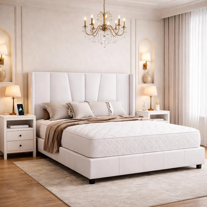 White Queen Velvet Platform Bed with Wingback Headboard and 2 Nightstands with Charging Station
