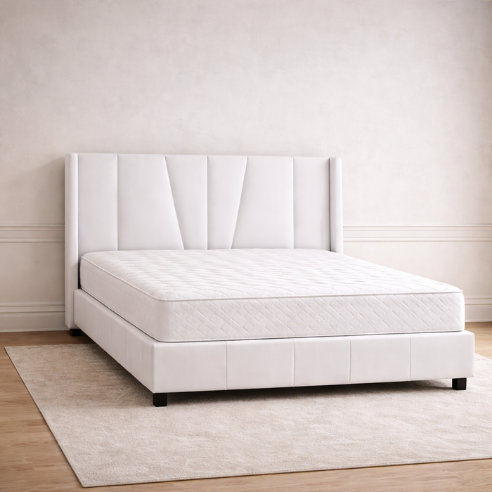 White Queen Velvet Platform Bed with Wingback Headboard and 2 Nightstands with Charging Station