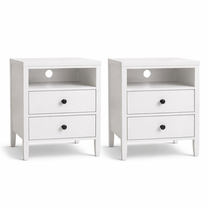 White Queen Velvet Platform Bed with Wingback Headboard and 2 Nightstands with Charging Station