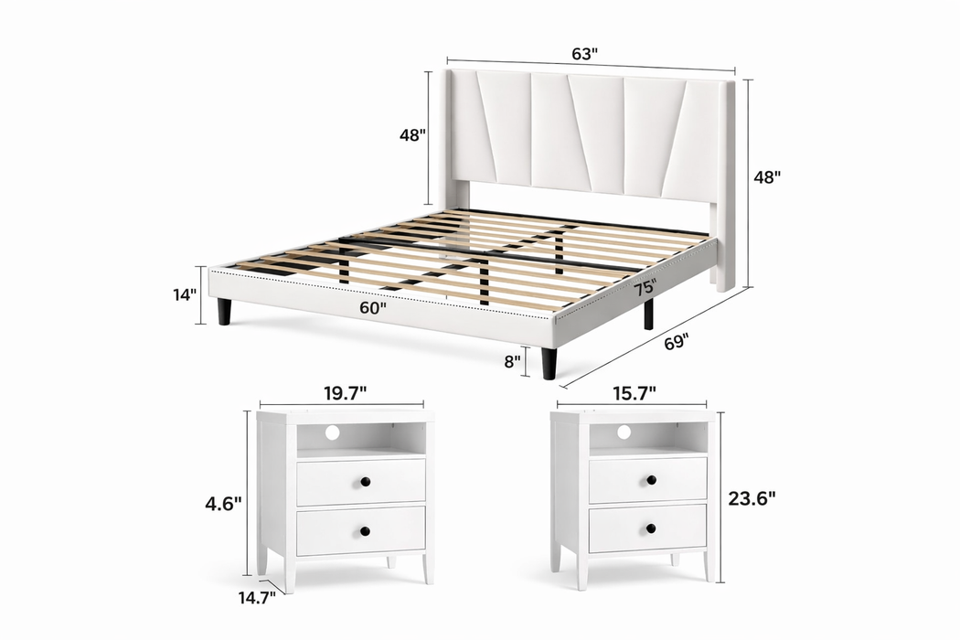 White Queen Velvet Platform Bed with Wingback Headboard and 2 Nightstands with Charging Station
