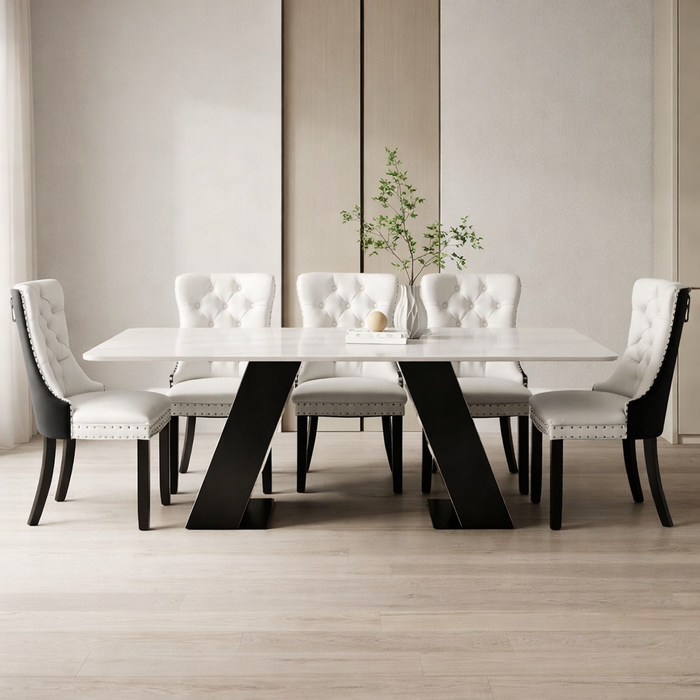 Contemporary White Faux Marble Dining Table with 6 White PU & Black Velvet Chairs