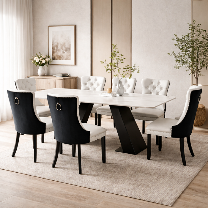 Contemporary White Faux Marble Dining Table with 6 White PU & Black Velvet Chairs