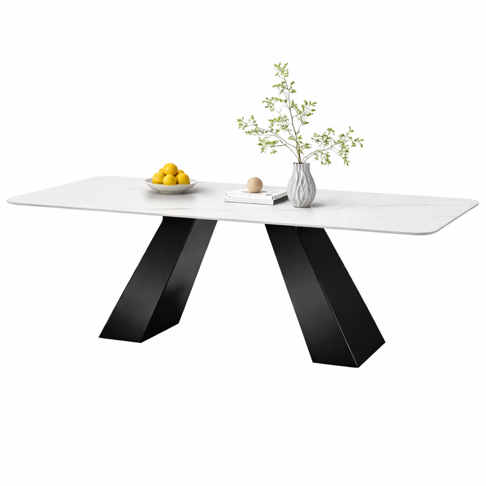 Contemporary White Faux Marble Dining Table with 6 White PU & Black Velvet Chairs