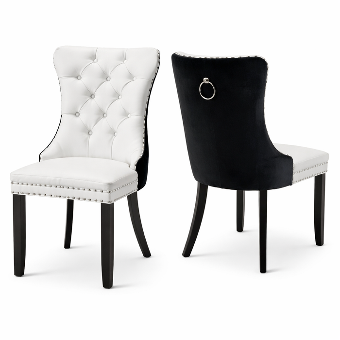 Contemporary White Faux Marble Dining Table with 6 White PU & Black Velvet Chairs