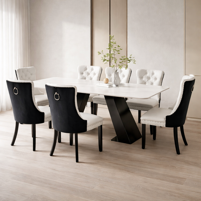Contemporary White Faux Marble Dining Table with 6 White PU & Black Velvet Chairs