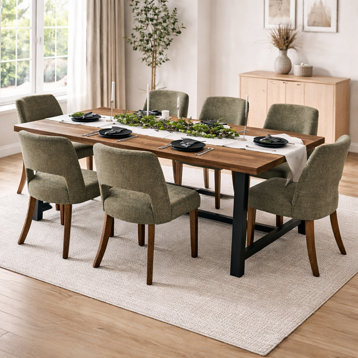 Natural Wood Dining Table with 6 Upholstered Chairs Dining Set (Table + Chairs)