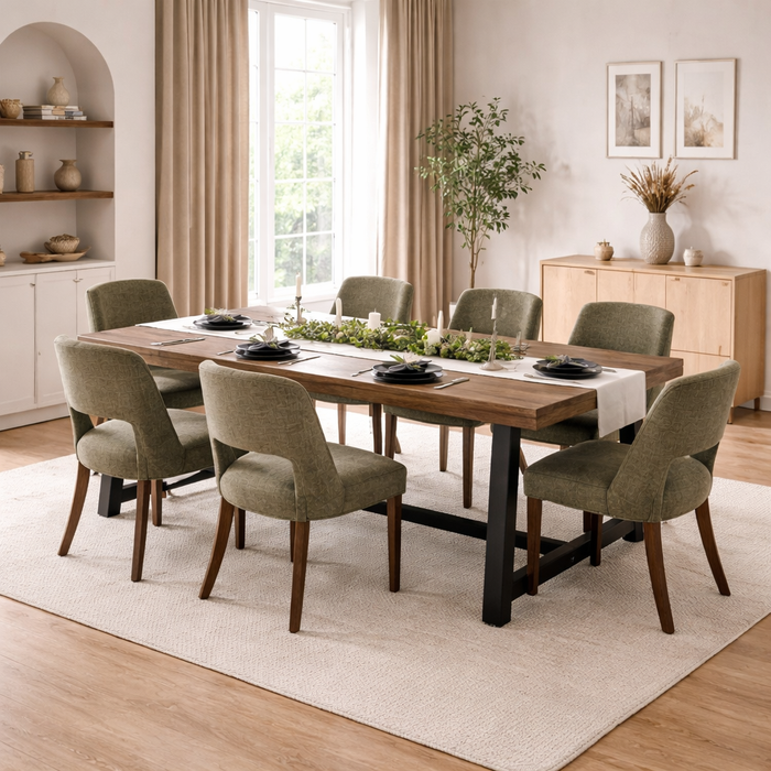 Natural Wood Dining Table with 6 Upholstered Chairs Dining Set (Table + Chairs)