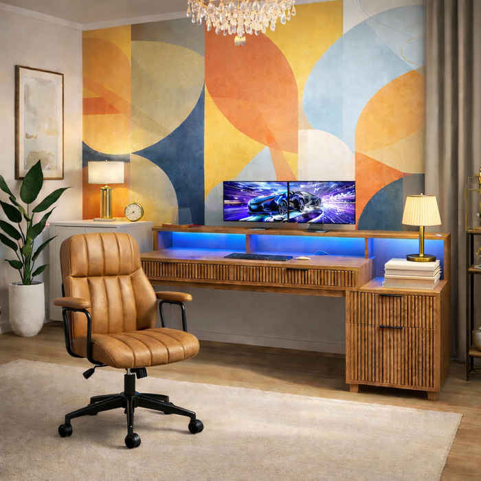 Modern Office Desk with Storage and Brown Leather Office Chair Set