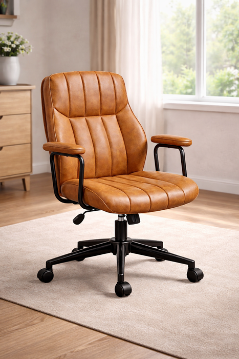 Modern Office Desk with Storage and Brown Leather Office Chair Set