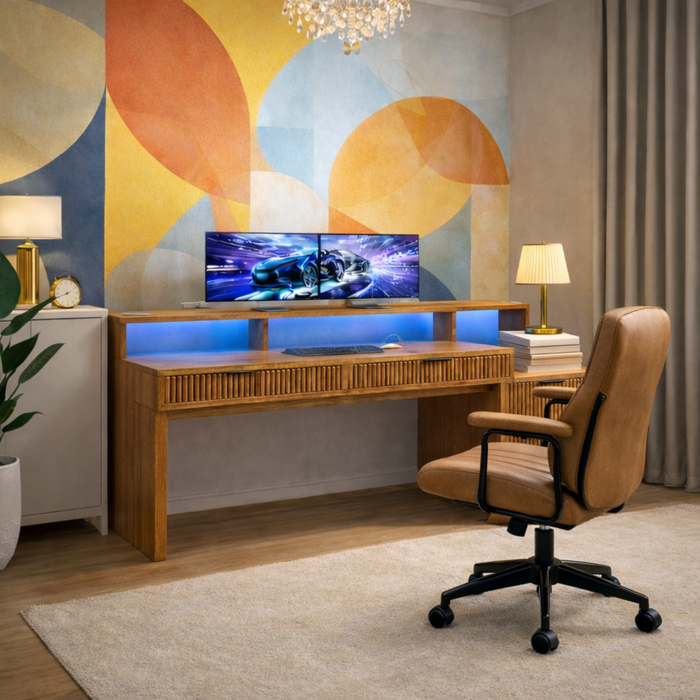 Modern Office Desk with Storage and Brown Leather Office Chair Set