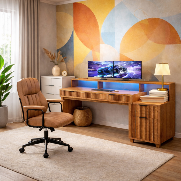 Modern Office Desk with Storage and Brown Leather Office Chair Set