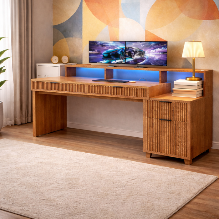 Modern Office Desk with Storage and Brown Leather Office Chair Set