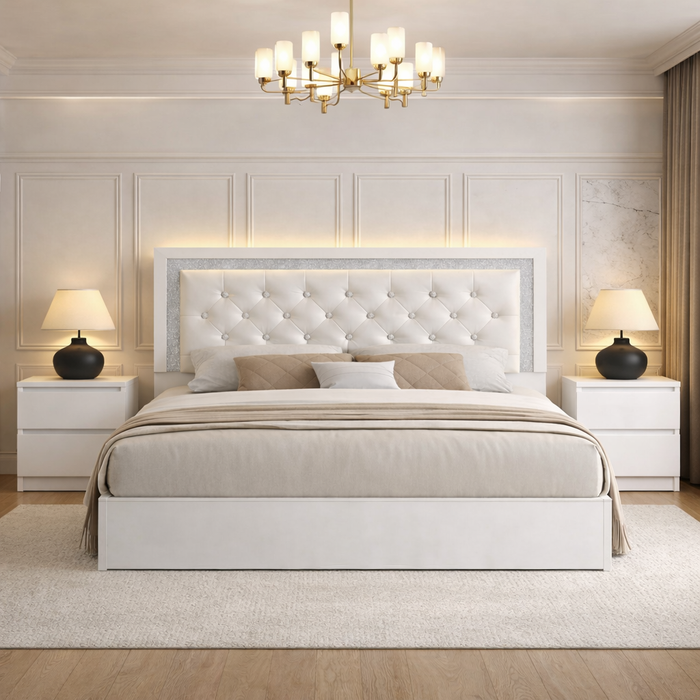 Queen Upholstered LED Platform Bed with 2 Drawer Nightstands White Set