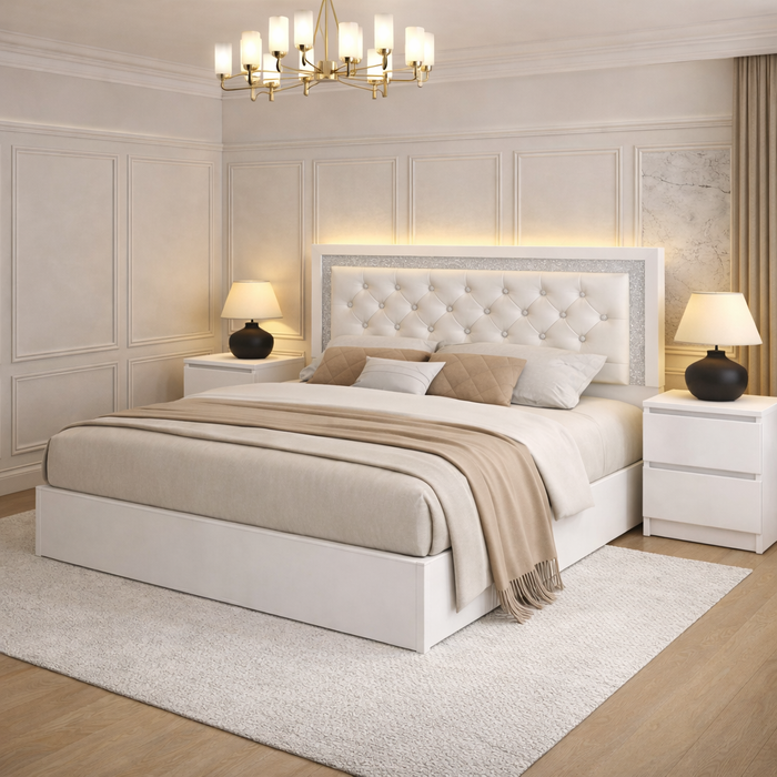 Queen Upholstered LED Platform Bed with 2 Drawer Nightstands White Set