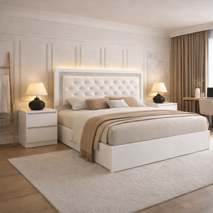 Queen Upholstered LED Platform Bed with 2 Drawer Nightstands White Set