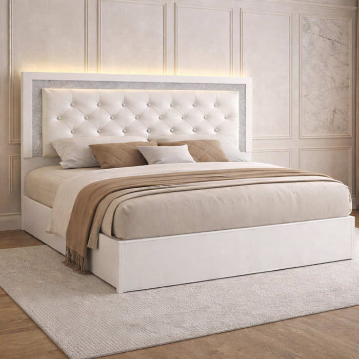 Queen Upholstered LED Platform Bed with 2 Drawer Nightstands White Set