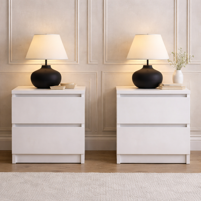 Queen Upholstered LED Platform Bed with 2 Drawer Nightstands White Set