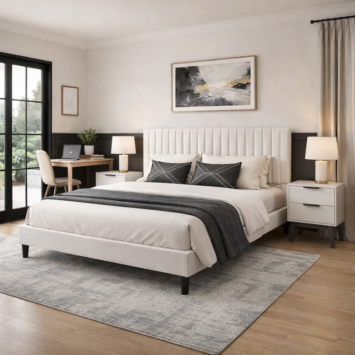 Queen Velvet Platform Bed with Tufted Headboard and 2 Wooden Nightstands – Off White