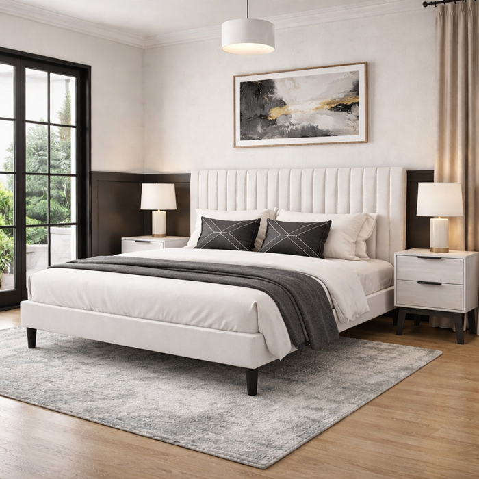 Queen Velvet Platform Bed with Tufted Headboard and 2 Wooden Nightstands – Off White