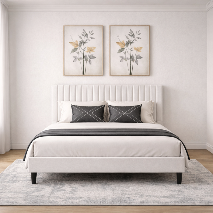 Queen Velvet Platform Bed with Tufted Headboard and 2 Wooden Nightstands – Off White