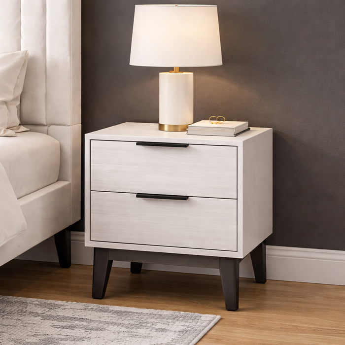 Queen Velvet Platform Bed with Tufted Headboard and 2 Wooden Nightstands – Off White