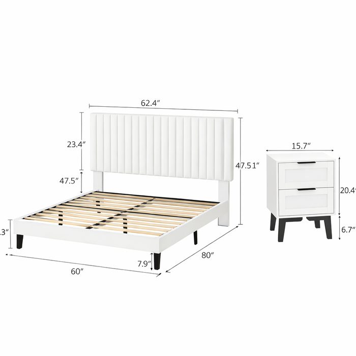 Queen Velvet Platform Bed with Tufted Headboard and 2 Wooden Nightstands – Off White