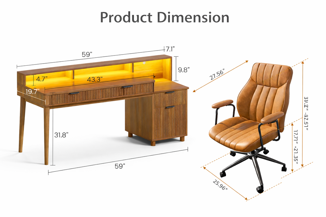 Modern Office Desk with Storage and Brown Leather Office Chair Set