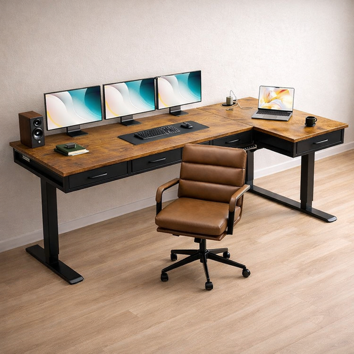 Electric L-Shaped Standing Desk with Faux Leather Office Chair Set