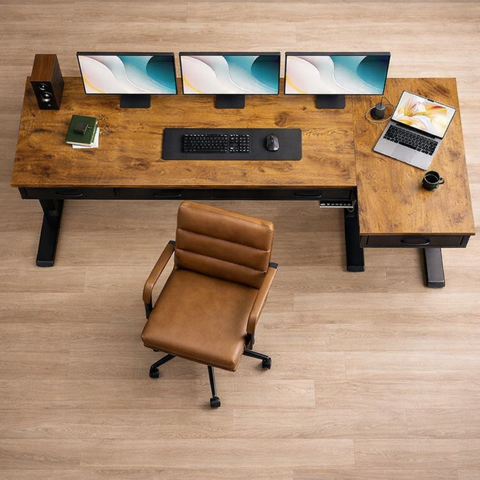 Electric L-Shaped Standing Desk with Faux Leather Office Chair Set