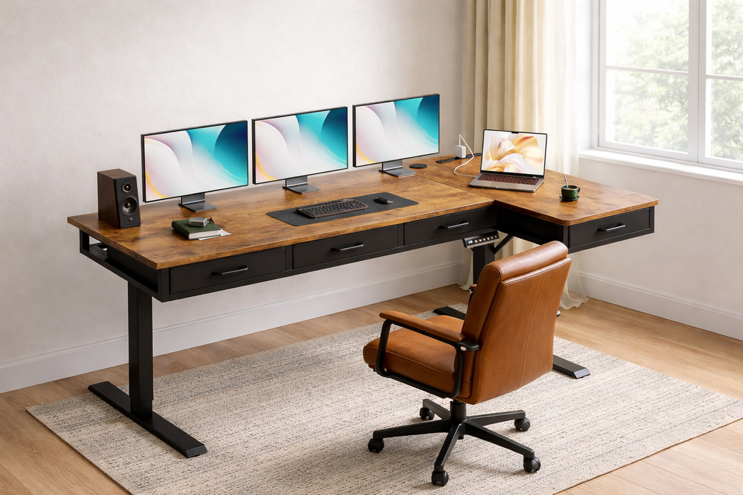 Electric L-Shaped Standing Desk with Faux Leather Office Chair Set