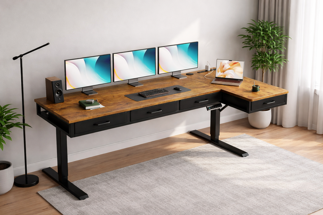 Electric L-Shaped Standing Desk with Faux Leather Office Chair Set