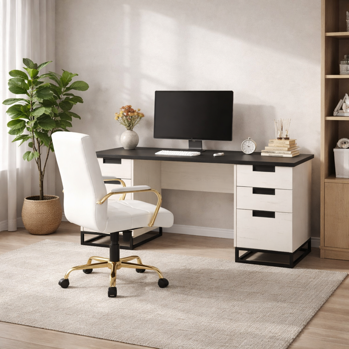 59" Farmhouse Executive Desk with Swivel Leather Office Chair Set