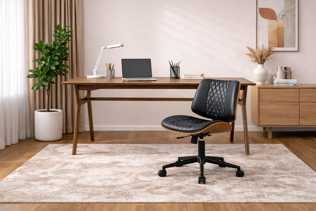 Modern Walnut Office Desk with Armless Swivel Chair Set