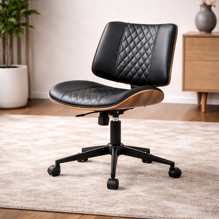 Modern Walnut Office Desk with Armless Swivel Chair Set